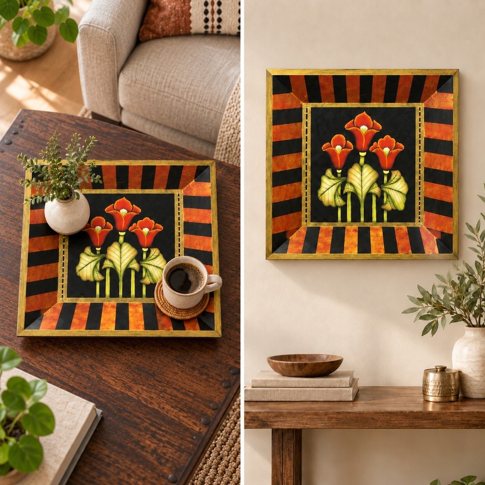 Vtg Handpainted Decorative Wooden Tray Black Gold Striped Floral 13.5in